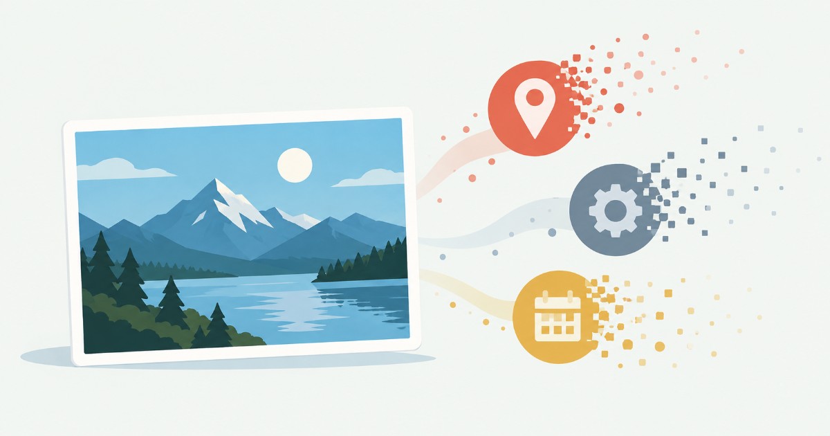Fotografie krajiny s odlétajícími ikonami polohy, nastavení a data jako symbol mizejících metadat