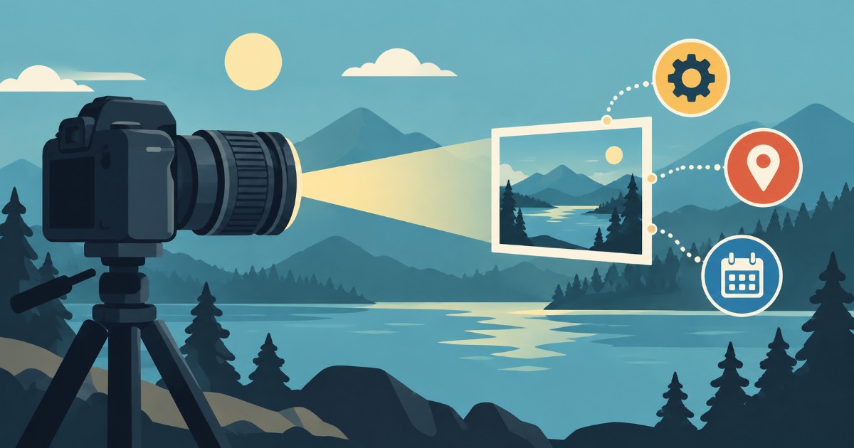 Fotoaparát fotografuje krajinu a k výslednému snímku se připojují ikony nastavení, polohy a data