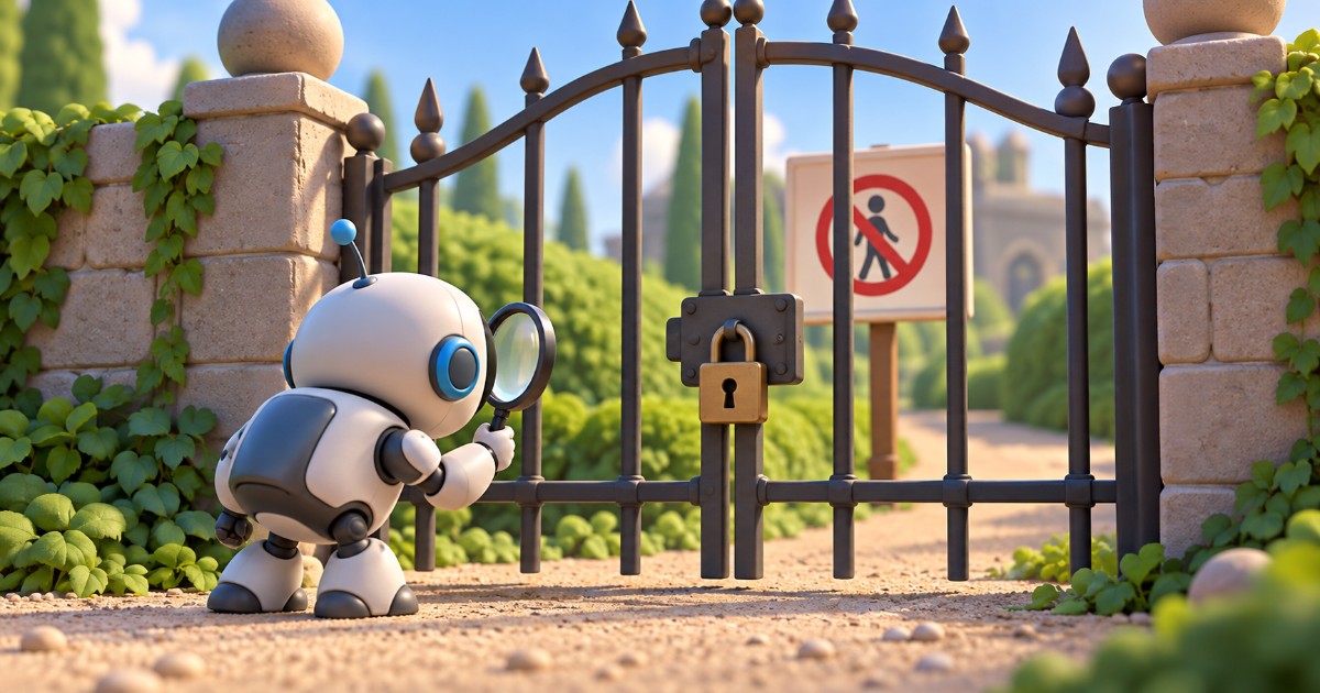 Robot s lupou před zavřenou bránou, za kterou je nedostupná značka zákazu